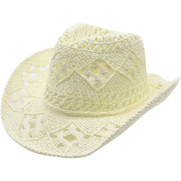 Cream Western Style Beige Cowboy Straw Hat & Rolled Brim One Size Fits Most Plai - Picture 3 of 5